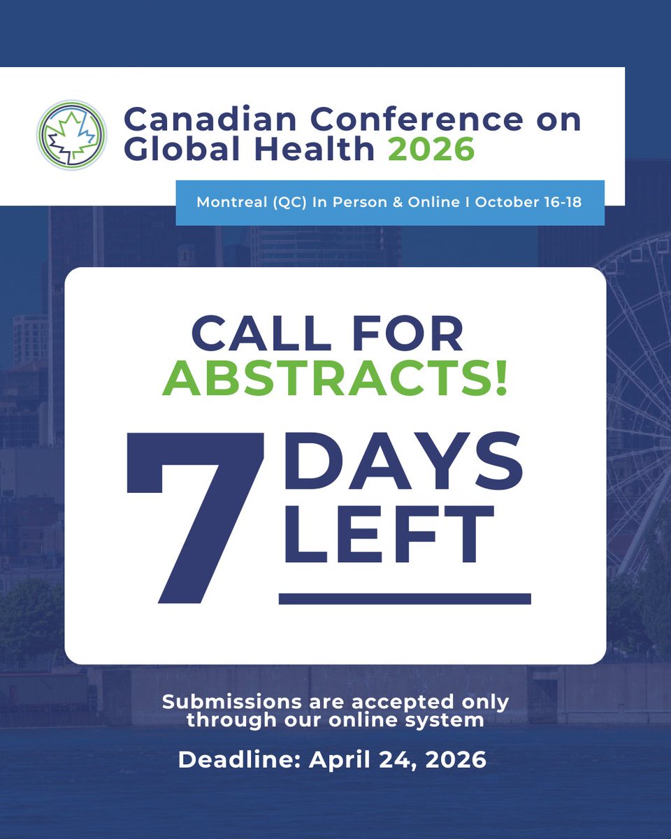 CAGH_ACSM's tweet image. ⏳ 7 days left!

Submit your abstract for the Canadian Conference on Global Health (Montréal + online this October).

Submit here: events.decorporate.ca/CCGH2026/abstr…

#conference #cagh #publichealth #globalhealth #Montreal #abstracts