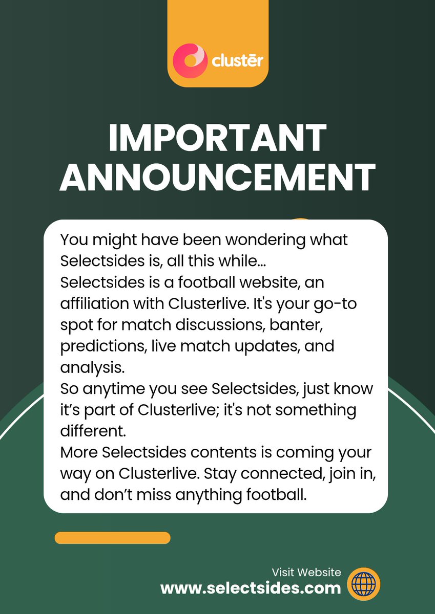 clusterliveapp's tweet image. Still wondering what Selectside is?
Your football home on Clusterlive
Live updates, banter, predictions &amp;amp; highlights — all in one place.
And yes, Selectside is part of Clusterlive.
#Clusterlive #Selectside #thursday #FootballFans #LiveFootball #MatchDay #FootballUpdates