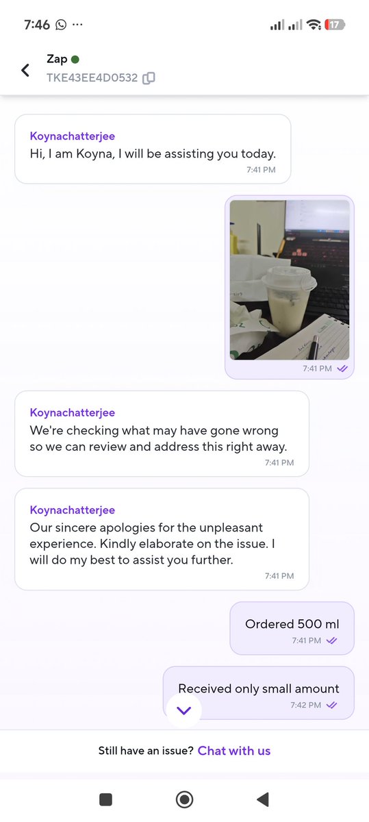 itsanshuman's tweet image. Paid for 500 ml Chas from @ZeptoNow Cafe — got only 250 ml. Support refused to help, closed the ticket without any resolution. Order ID: TKE43EE4D0532 Unacceptable. @zeptocares fix this! [Attach screenshots] #ZeptoScam #BadService