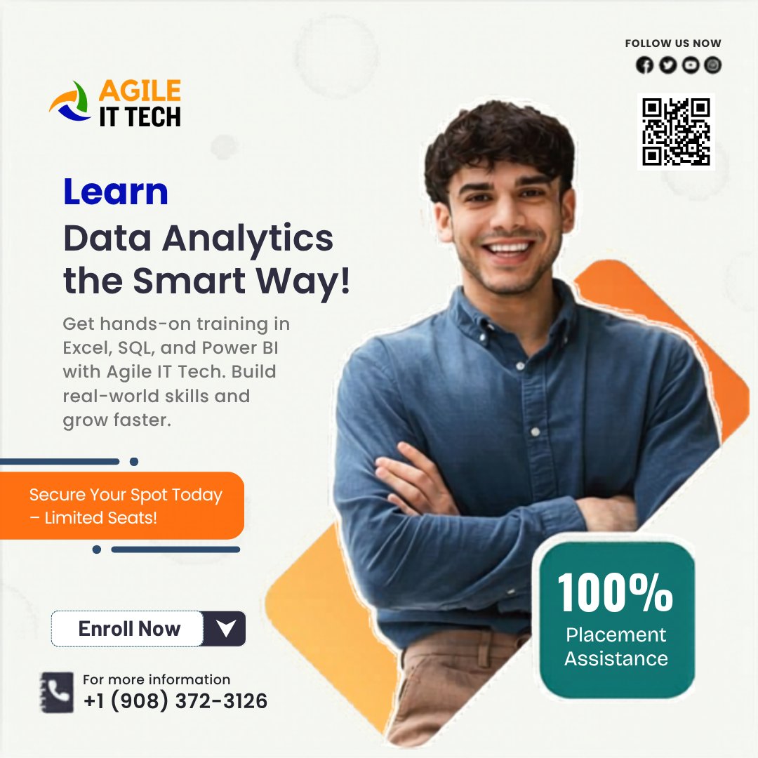 agileittech's tweet image. Learn Data Analytics the Smart Way!
Get hands-on training in Excel, SQL, and Power BI with Agile IT Tech. Build real-world skills and grow faster.

#AgileITTech #TechCareer #ITTraining #LearnTechOnline #UpskillYourself #TechEducation
