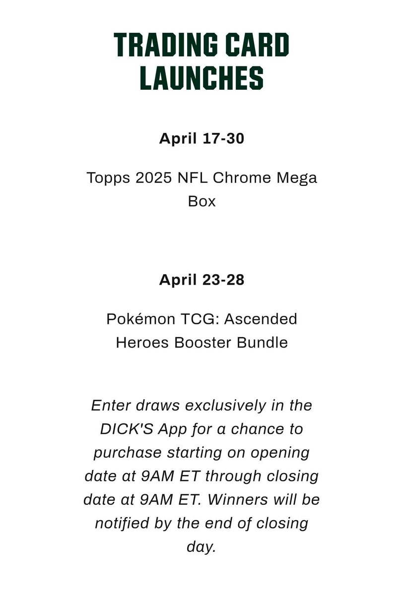 CollectFinder's tweet image. 🔥 2025 Topps Chrome Football Mega &amp;amp; Ascended Heroes Booster Bundle Draws Coming Soon to Dick's Sporting Goods!

Raffle Dates
April 17-30 - 2025 Topps Chrome Football Mega
April 23-28 Ascended Heroes Booster Bundle

#Topps #Pokemon