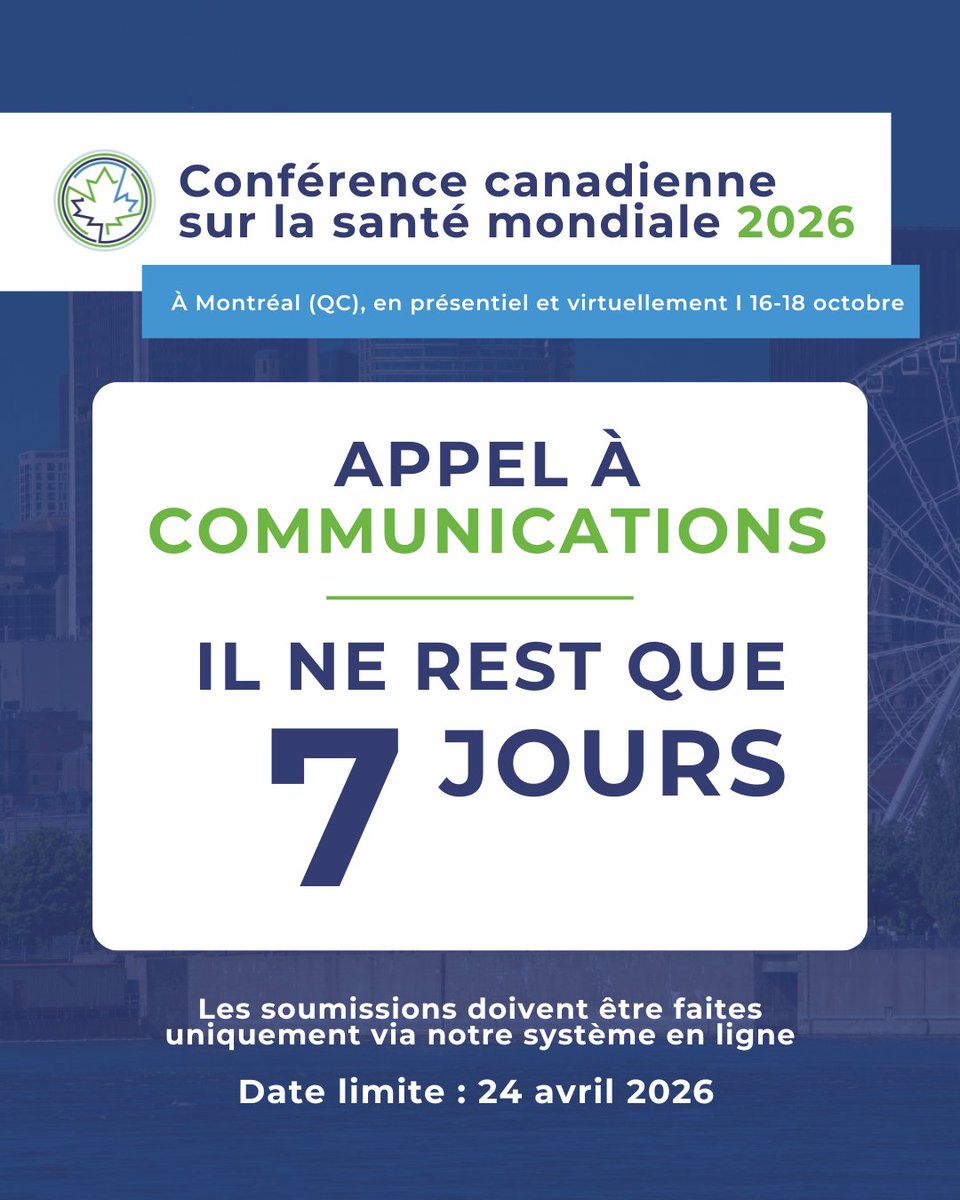 CAGH_ACSM's tweet image. ⏳ Il ne reste que 7 jours !

Soumettez votre résumé pour la Conférence canadienne sur la santé mondiale (Montréal + en ligne en octobre).

Déposez votre résumé dès maintenant via notre portail en ligne: events.decorporate.ca/CCGH2026/abstr…

#conference #Montréal