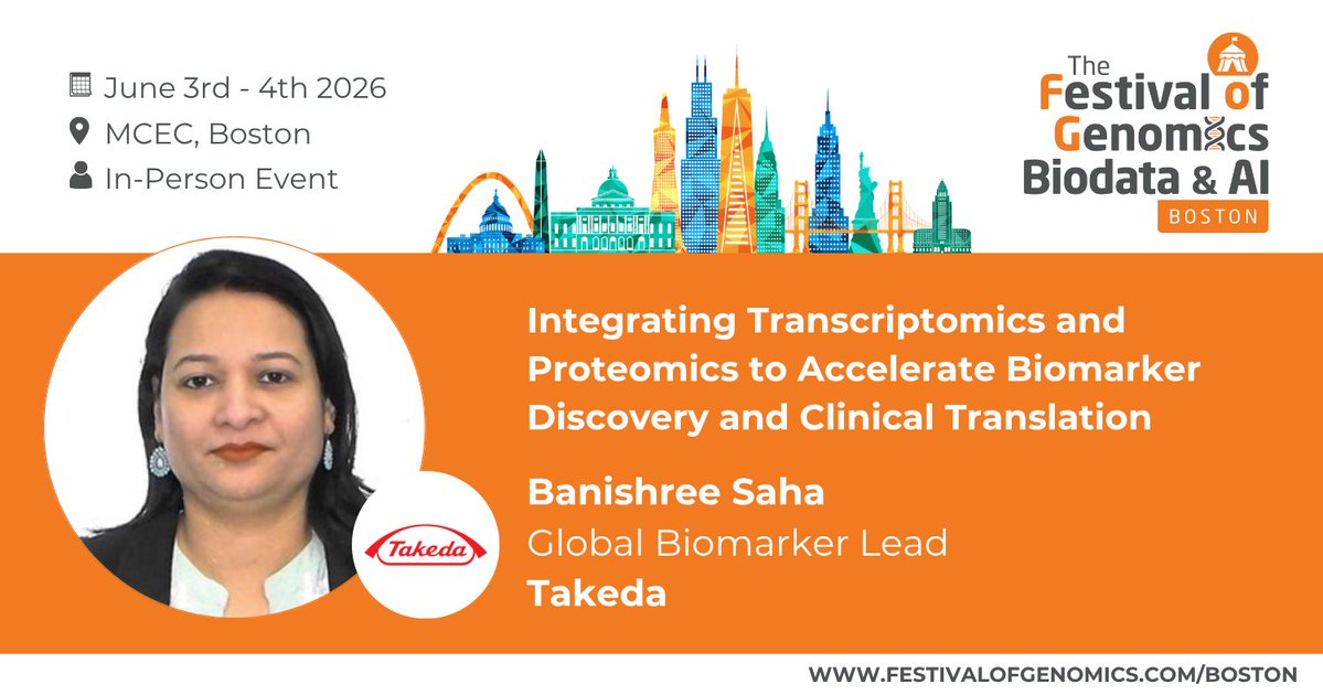 FLGenomics's tweet image. How can #transcriptomics and #proteomics accelerate biomarker discovery? Find out from Banishree Saha (Associate Director, Biomarker and Assay Analytical Lead, Takeda) at The Festival of Genomics, Biodata &amp;amp; AI in Boston! Register now: hubs.la/Q04c6l160 #FOGBoston