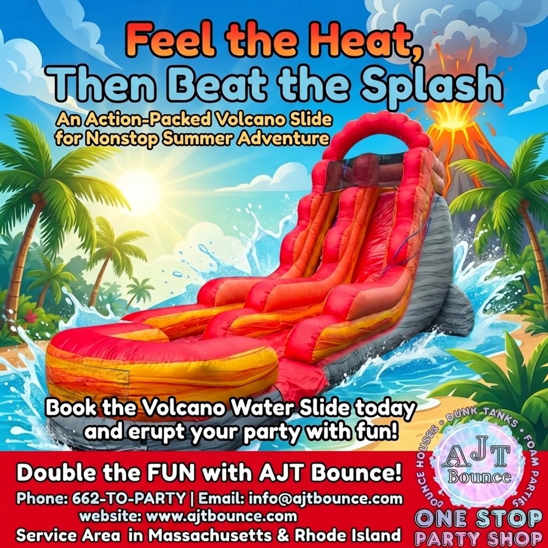 AJTSuppliesinc's tweet image. Feel the heat, then beat the splash with our Volcano Water Slide—an action-packed summer favorite for unforgettable parties. Book the Volcano Water Slide today with AJT Bounce. #AJTBounce #waterslide #summerparty #partyideas #eventfun #massachusetts #rhodeisland