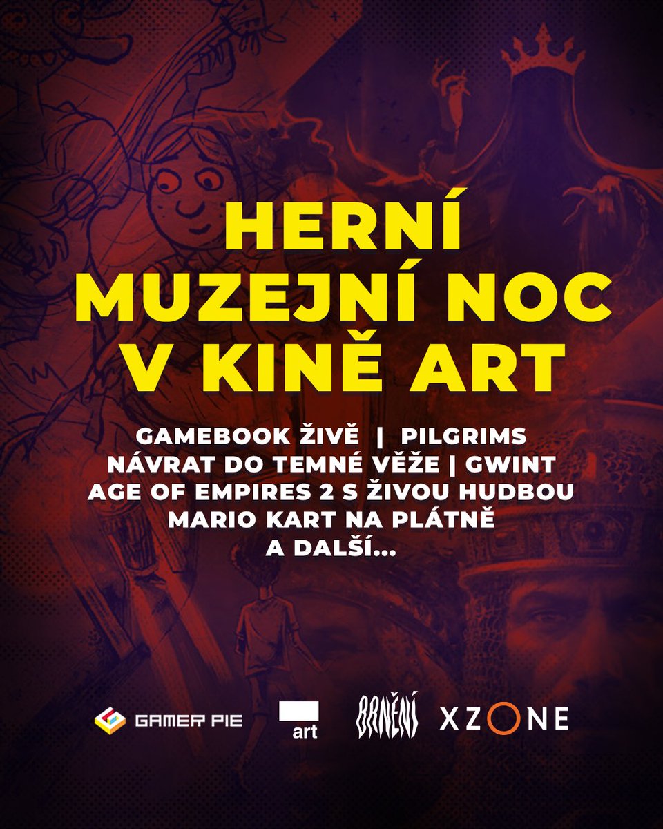 GamerPieFest's tweet photo. Na scénu Kina Art opět dorazí herní program, a to už 16. května na Brněnskou muzejní noc. Těšit se můžete na Age of Empires II s živým hudebním doprovodem, živé hraní gamebooku, deskovky od @XzoneCZ a Old Dawg a dorazí také desková hra Pilgrims i s jejím autorem Radimem Jurdou. https://t.co/CcpxmY0n5M
