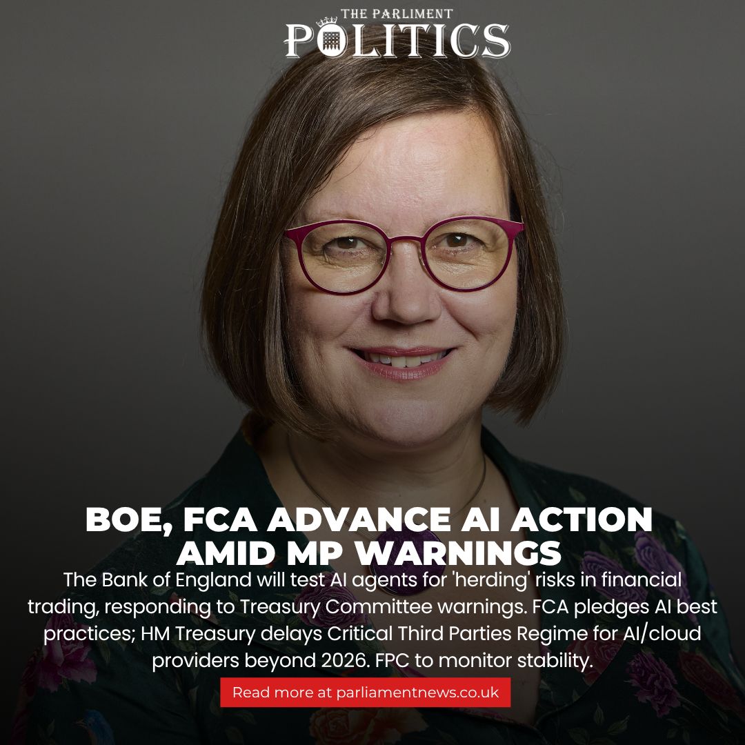 ParlMagazine's tweet image. Parliament Politics Magazine shares confirmed political coverage of the BoE to test AI 'herding' in trading; FCA shares best practices post-MP push. 

Read More: parliamentnews.co.uk 

#theparliamentpolictics #AIFinance #BankOfEngland #UKFinance #FinTech