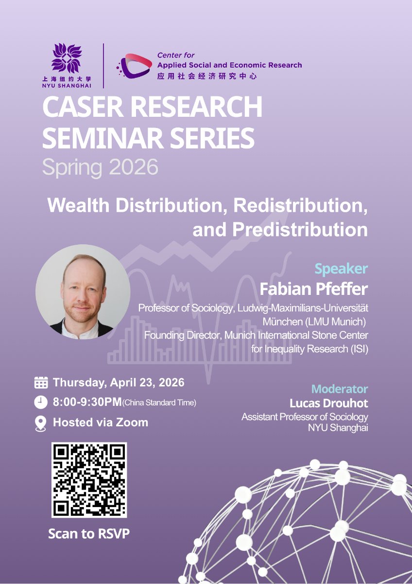 AtCaser's tweet photo. Join us for a CASER seminar on wealth inequality featuring Fabian Pfeffer (LMU Munich &amp; ISI).

Topic: Wealth Distribution, Redistribution, and Predistribution
📅 Apr 23, 8:00–9:30 PM (Beijing Time)
🌐 Language: English
💻 Zoom | Registration required https://t.co/GUv3aboztd