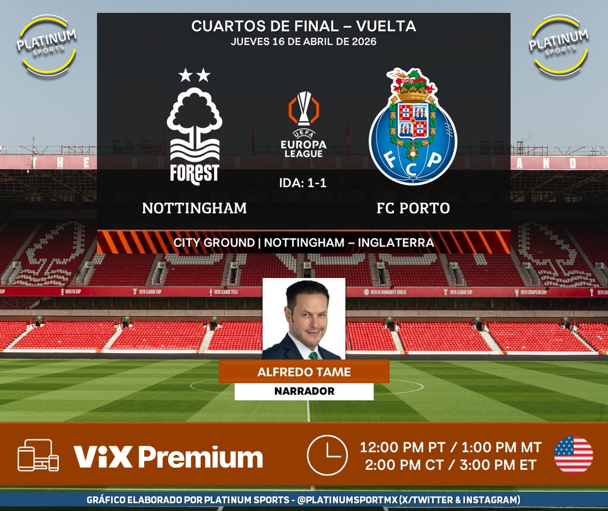 PlatinumSportMX's tweet image. ⚽️ #UEL |🏴󠁧󠁢󠁥󠁮󠁧󠁿 #NottinghamForest vs. #Porto 🇵🇹
🇺🇲📱💻 @VIX Premium
🎙 @Tamedamus 

#EuropaLeagueEnVIX