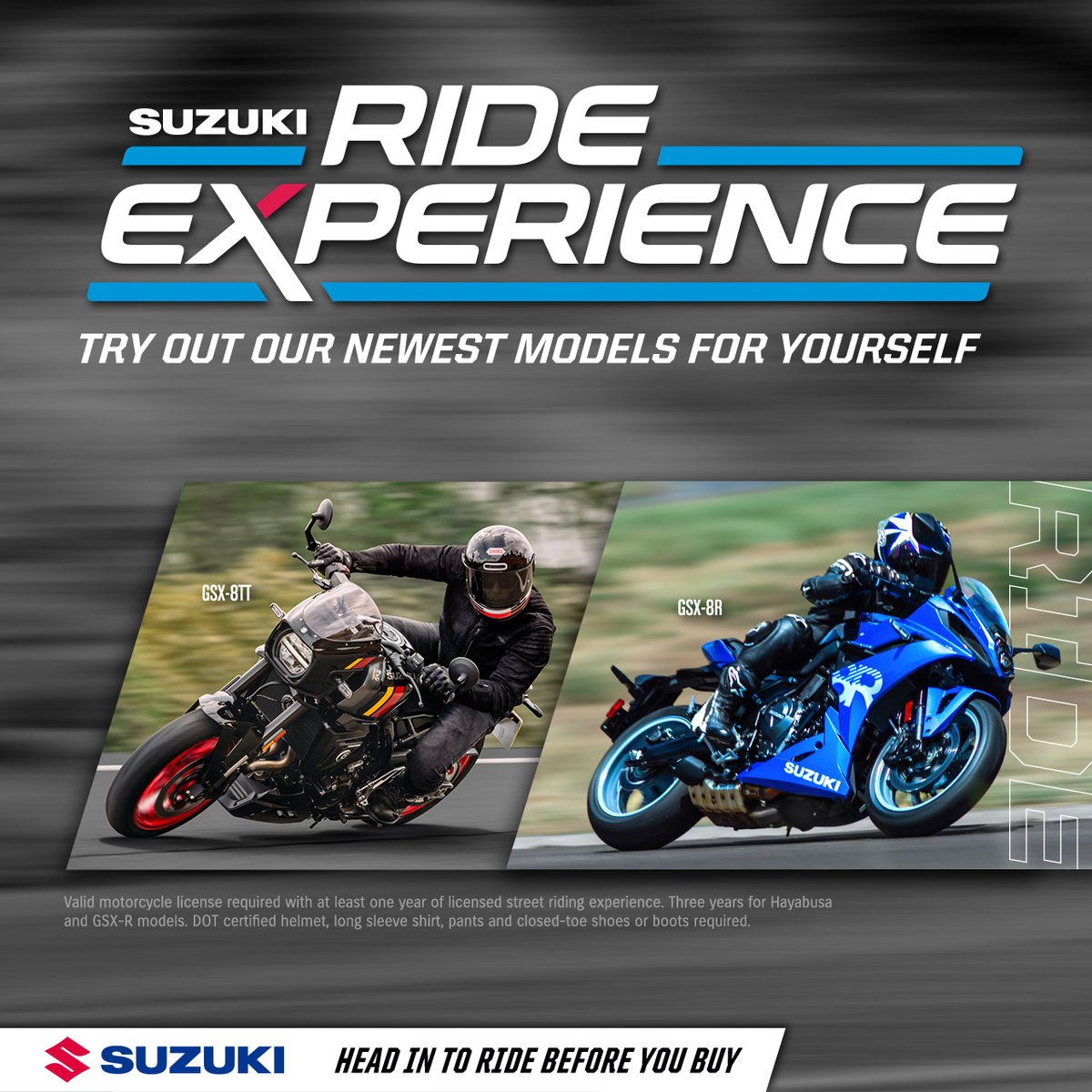 suzukicycles's tweet image. 🏍️ Who’s Ready to ride?

The Suzuki Ride Experience is coming your way! Experience Suzuki’s latest lineup at one of our upcoming demo ride events.

Find your nearest event at 👉 SuzukiCycles.com/events

#Suzuki #SuzukiCycles #SuzukiRideExperience #DemoRide