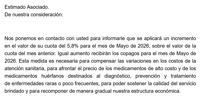Mensaje de la prepaga.