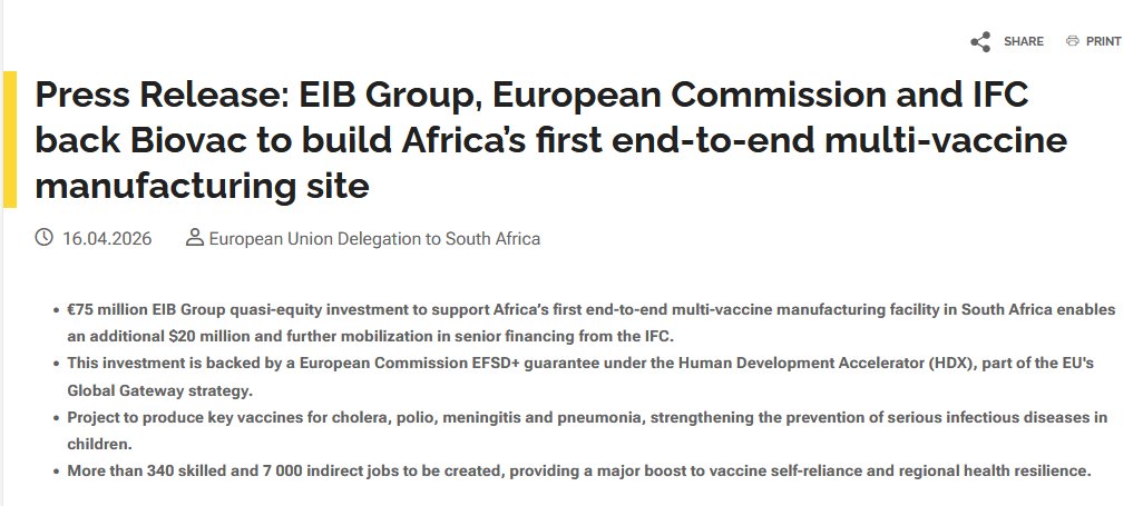 The European Union, European Investment Bank &amp; partners are backing Africa’s first end-to-end multi-vaccine manufacturing facility in South Africa.

This #GlobalGateway investment strengthens health security, boosts local production, and supports jobs.

🔗shorturl.at/QaZhH