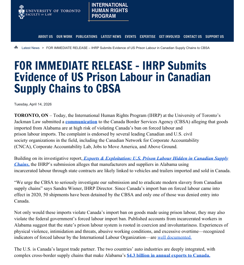 JobsMoveAmerica's tweet photo. From the U.S. to Canada, we all share a responsibility to ensure our public dollars uphold good job standards. That’s why JMA is proud to endorse @UofTJackmanLaw’s complaint calling on @CanBorder to investigate Alabama auto suppliers for potential forced and prison labor. https://t.co/cNnXtXjn0A