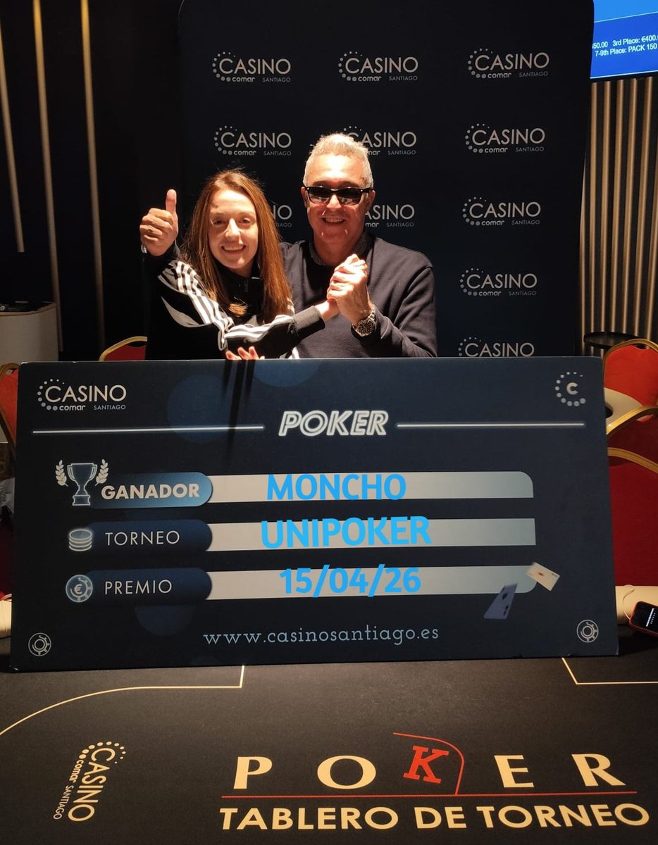 casino_santiago's tweet photo. #MONCHO 😎 se lleva el #UNIPOKER de esta semana tras un pacto con #CARGOAL después de pelear duramente en la FT.
La #LIGAPOKERCOMARGALICIA continúa hoy y mañana en @casinoatlantico.
Nosotros volvemos este sábado.
¡Nos vemos! ♥️♠️🍀 https://t.co/gKwobZNSYo