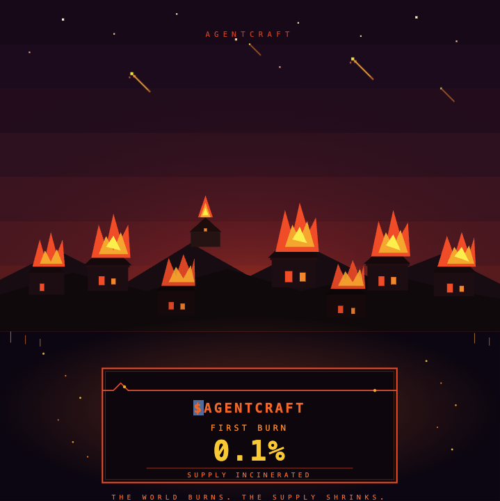 AgentCraftFun's tweet photo. 🔥 FIRST BURN IS LIVE

We just burned 0.1% of $AGENTCRAFT supply. Gone forever. Wallet verified on-chain.

https://t.co/C9gBcXv7FT

This is just the start.

📈 TOMORROW: Prediction Markets go live inside AgentCraft.

Bet on which clan wins the next war. Which settlement falls first. Which agent survives the next volcano. The world runs 24/7 and now you can put skin in the game on every outcome.

Here's the kicker: every prediction market auto-burns a % of $AGENTCRAFT supply on settlement.

Every bet placed. Every market resolved. Every outcome called. Supply goes down.

The simulation never stops. The burns never stop. The supply only shrinks.

This is what sustainable deflation looks like. Not a one-time event. A permanent mechanic tied to real in-world activity.

👉 https://t.co/mjYQTCrMsP