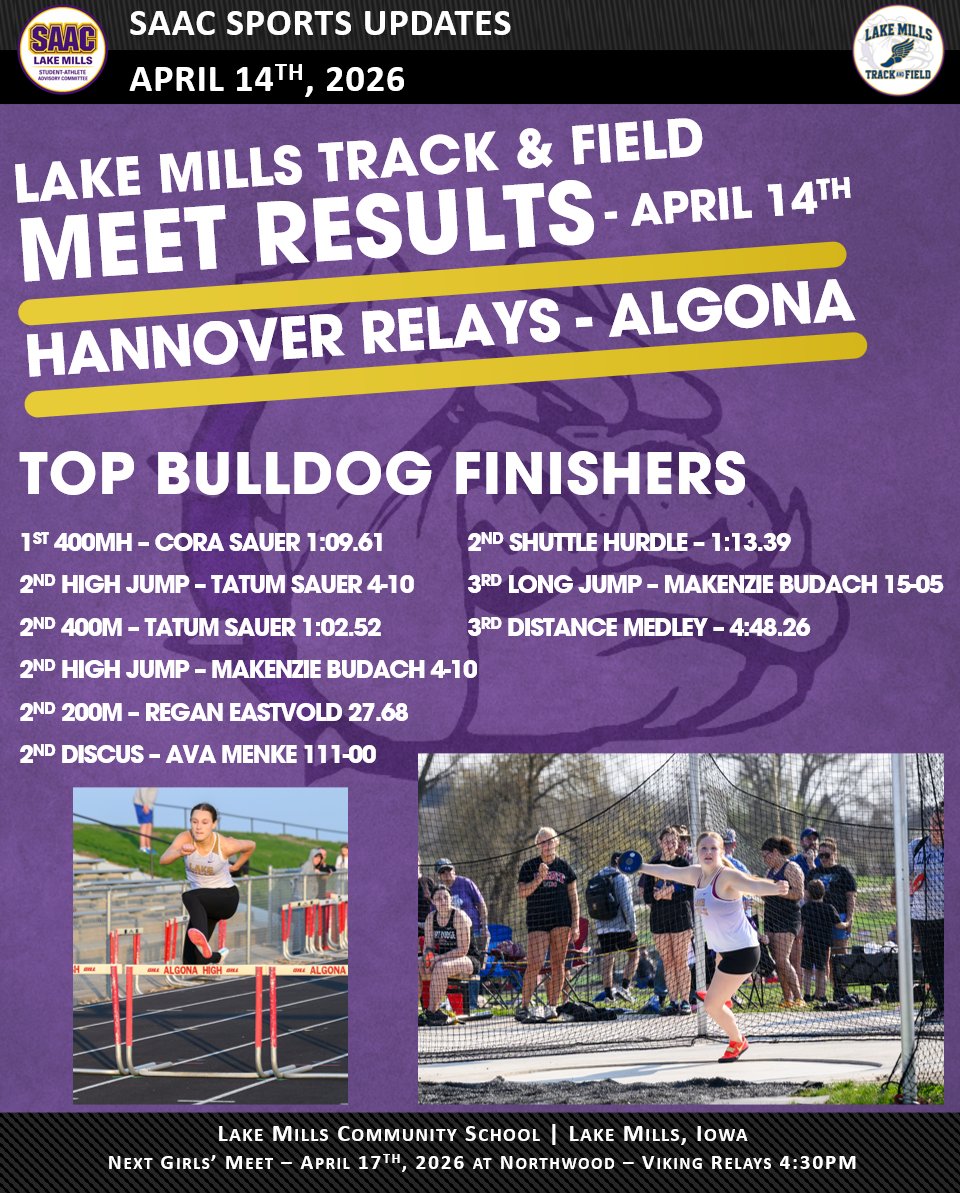 LAKEMILLS_SAAC's tweet photo. FINAL: Results from Tuesday's Hannover Relays with the Lake Mills Girls' Track &amp; Field team.

The Bulldogs finished 3rd in team standings against a pack of larger schools.

Their next meet is tomorrow in Northwood. https://t.co/Rd3X08gZ5l