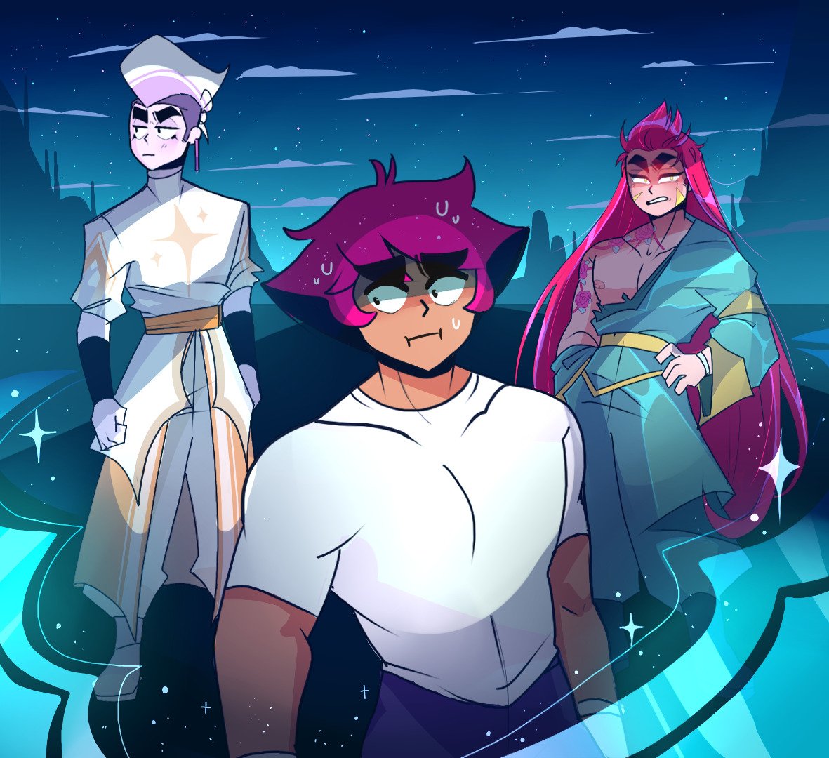 Softballs_'s tweet photo. Rowan being stuck in a deserted island with these two was not what he signed up for...

 (Eventually adding this to the comic! 💕)

 Karma and Ping having toxic ex vibes, while Rowan is just a stranger to them #oc #art #idfc https://t.co/rr2ldkdHeO