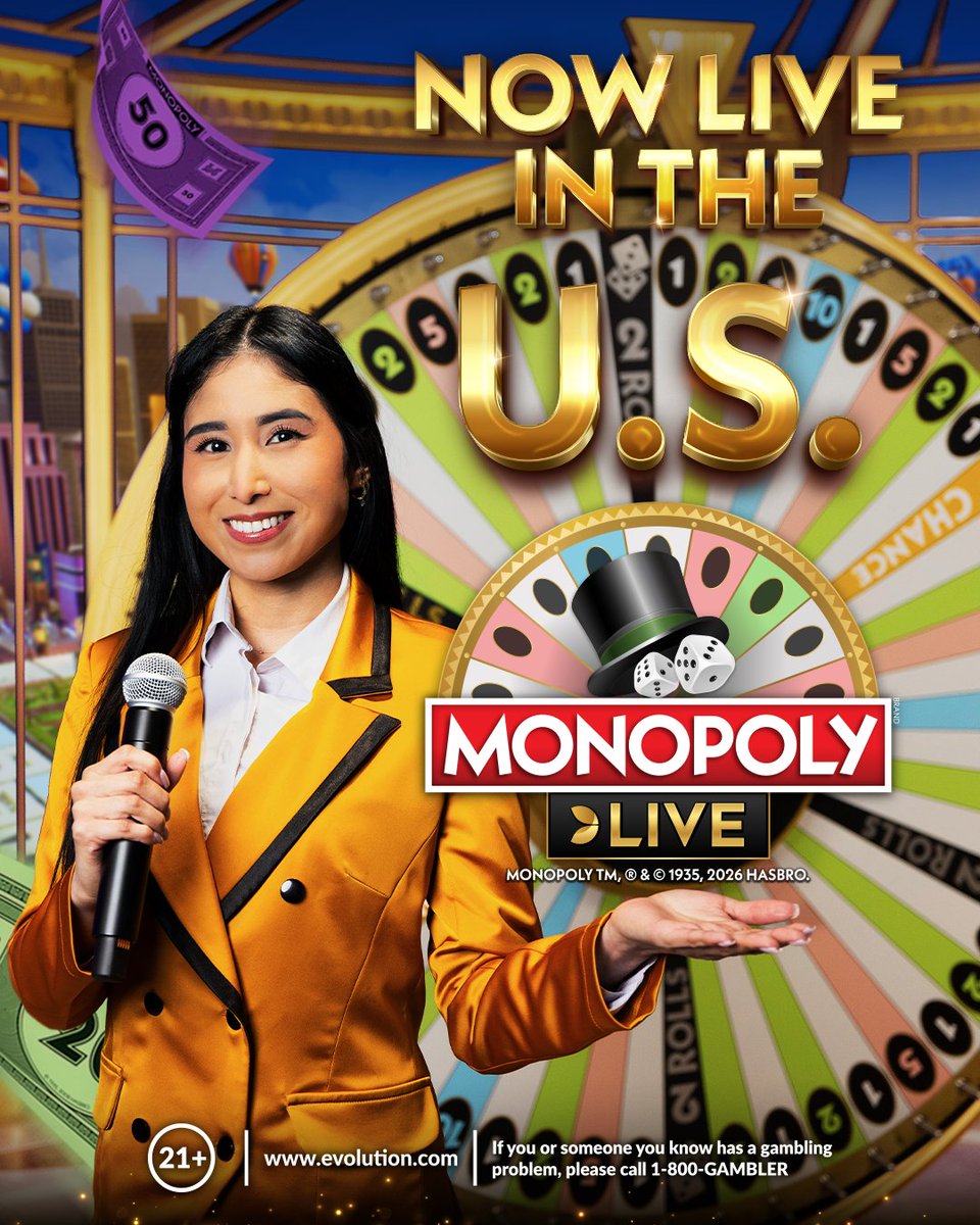 Evo_global's tweet photo. MONOPOLY Live is now live in the U.S. 🇺🇸🎲 

Now live in Connecticut, with more states on the way. Iconic gameplay meets next-level live game show action. 

Read more 👉 https://t.co/DCGd7PkJdW

21+ | If you or someone you know has a gambling problem, please call 1-800-GAMBLER https://t.co/wDjipvtNfS