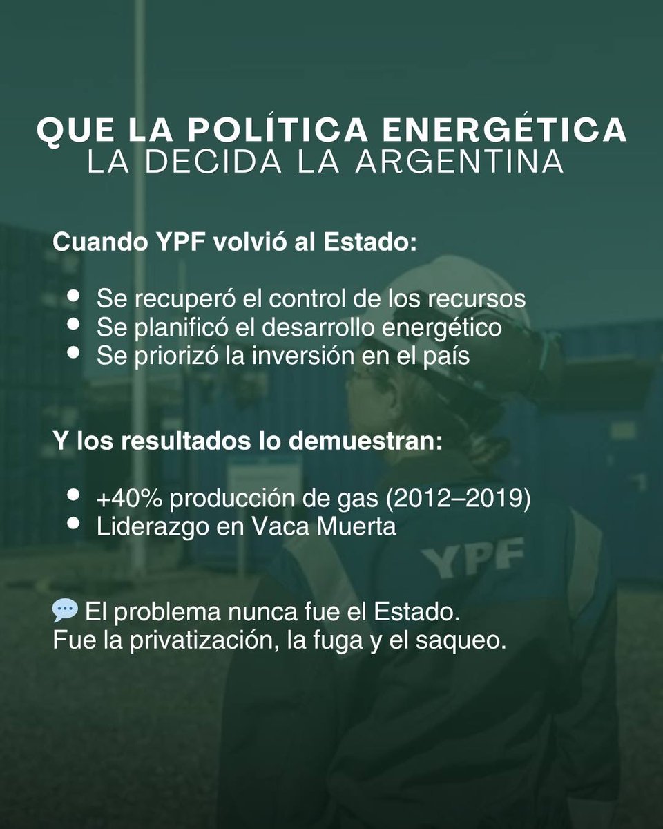 pj_sanmiguel's tweet photo. YPF es Argentina. 🇦🇷

En 2012, con la decisión de Cristina Fernández de Kirchner y el rol de Axel Kicillof, la Argentina recuperó el control de su energía. 

No fue solo una ley, fue una definición de país. https://t.co/kOiI84FyI3