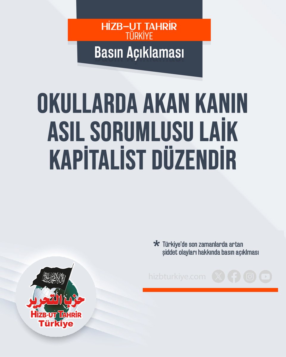 Basın Açıklaması
Okullarda Akan Kanın Asıl Sorumlusu Laik Kapitalist Düzendir

Sadece saldırıları gerçekleştiren faillerin kimliklerine odaklanıp asıl fail konuşulmazsa değişen hiçbir şey olmayacaktır. Zira asıl fail; bu toplumsal şiddeti besleyen, silahı, mafyayı, suçu ve