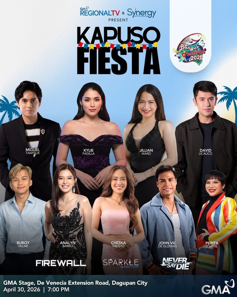 allformgltnflx's tweet image. Sugod na! kasama ang Team FireWall! 🔥🔫at syempre si Miguel Tanfelix ❤️

April 30, Thursday, 7PM
GMA Stage, De Venecia Road Extension, Dagupan City.

Kitakits, mga Kapuso!

#GMARegionalTV #Firewall #BangusFestival2026
#MiguelTanfelix