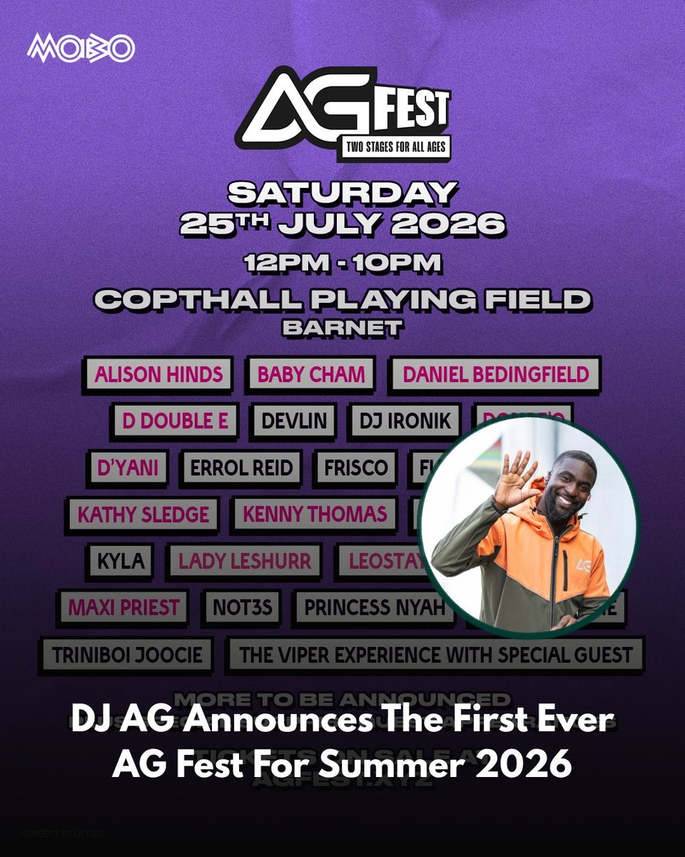 MOBOAwards's tweet image. It’s officially an AG summer ☀️

#MOBOAwards nominated @djagonline  has just announced his highly anticipated festival, landing July 25th at Copthall Playing Field in Barnet

After taking over the streets of London and beyond with back-to-back soundtracks, he’s now bringing that