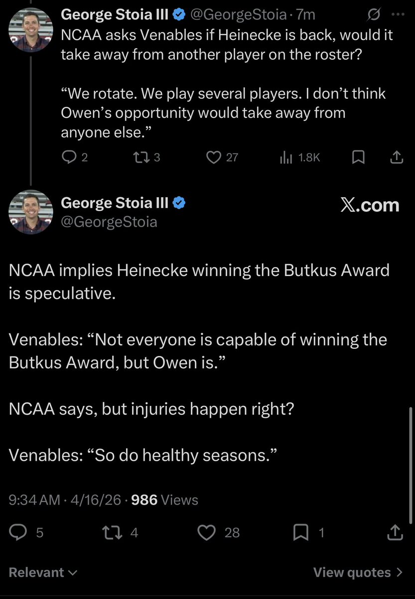 So the @ncaa says Venables is being speculative by saying Heinecke could be an All American and compete for the Butkus Award, but then wants Venables to speculate on whether Heinecke will be good in the NFL regardless. 

Even their arguments aren’t consistent.
