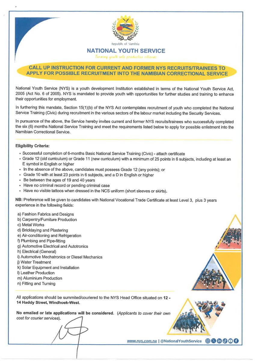 NYSNamibia's tweet photo. 📢 Call-Up Instruction 📢 

The National Youth Service (NYS) hereby invites current and former recruits/trainees to apply for possible recruitment into the Namibian Correctional Service. 

Closing date for applications: Thursday, 30 April 2026.

🔗 https://t.co/KU3SWjQN25 https://t.co/cW5nLXuH2L