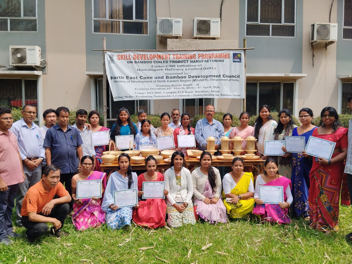 NECBDC's tweet photo. Batch II of the Skill Development Training on Bamboo Coiled Product Manufacturing under the CSR initiative of @NRL_MoPNG concluded on 4 April 2026 at North East Cane and Bamboo Development Council Campus,Burnihat.Certificates were distributed and trainees showcased their products https://t.co/R0QN8A2xeO