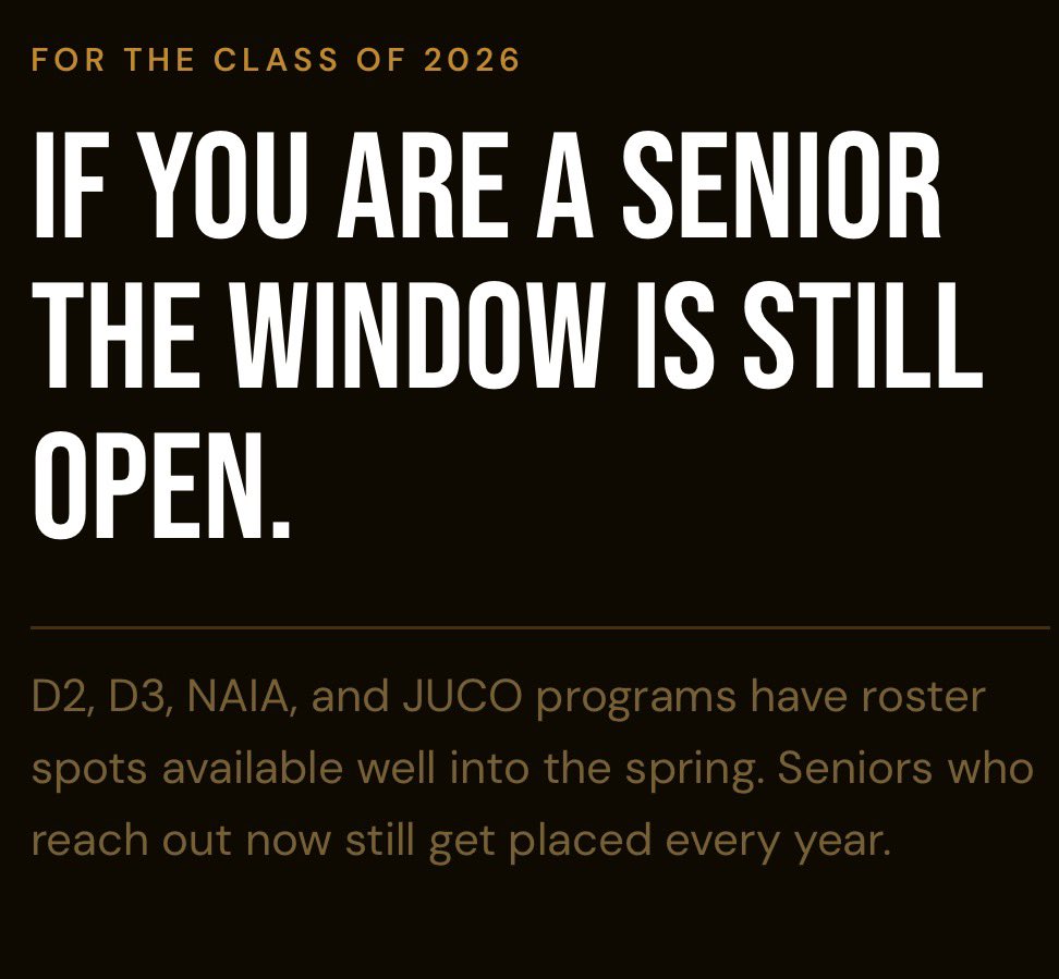 RecruitBeacon's tweet photo. Do not give up. Do not assume it is too late.

Programs at every level are still filling rosters right now.

The only seniors who miss out are the ones who stop sending emails. https://t.co/x75oY4V3js
