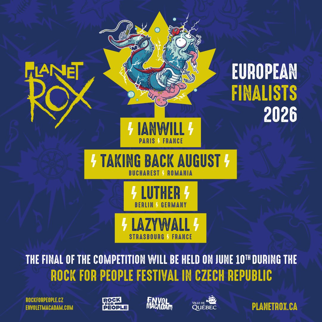 EnvoletMacadam's tweet photo. Finalistes #Planetrox Europe 2026 annoncés!
Après 125 candidatures de 20 pays, voici les 4 groupes finalistes 🔥

🇫🇷 IANWILL
🇷🇴 Taking Back August
🇩🇪 LUTHER
🇫🇷 Lazywall

🎸 Finale le 10 juin au #festival @rockforpeople  🇨🇿

👏 Félicitations à tous! https://t.co/AFT5uEfHQv