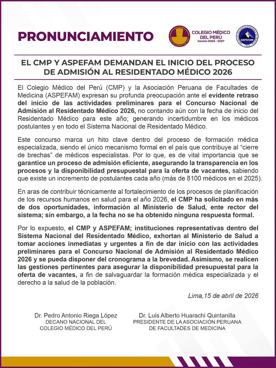 ASPEFAM's tweet image. ✅ 𝗔𝗦𝗣𝗘𝗙𝗔𝗠 𝘆 𝗖𝗠𝗣 𝗱𝗲𝗺𝗮𝗻𝗱𝗮𝗻 𝗶𝗻𝗶𝗰𝗶𝗼 𝗱𝗲𝗹 𝗣𝗿𝗼𝗰𝗲𝘀𝗼 𝗱𝗲 𝗔𝗱𝗺𝗶𝘀𝗶𝗼́𝗻 𝗱𝗲𝗹 𝗥𝗲𝘀𝗶𝗱𝗲𝗻𝘁𝗮𝗱𝗼 𝟮𝟬𝟮𝟲. 
➡️ Puede leer el expediente completo en el siguiente enlace: goo.su/OBAklNa
#ASPEFAM #CMP #EducacionMedica #ResidentadoMédico