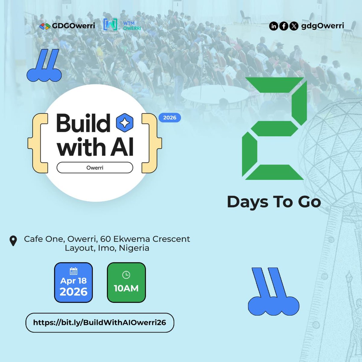 gdgowerri's tweet photo. 2 DAYS TO GO
The energy is building…
Very soon, we’ll all be in one space, learning and exploring AI together.
Make sure you’re part of it.
📷 April 18
📷 Cafe One, Owerri,
#BuildWithAI #GDGOwerri #TechEvent #LiveEvent #OwerriEvents #TechCommunity #HappeningNow #AIEvent https://t.co/CEBaB1KuWp
