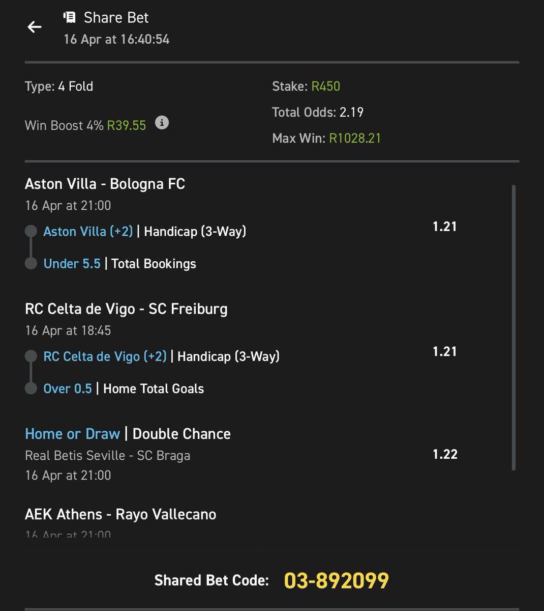 Europa League Diski, T1⚽️🏟️

Kick off🕐: 18:45

Booking Code🧾: 03-892099

Use My Promo Code🎯: RICKY50

👉🏾See bio for more details

🆘18+ Only | T&amp;Cs Apply