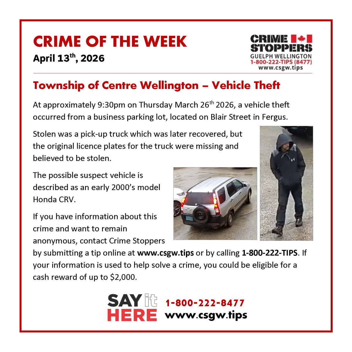 CSGWtips's tweet image. TWO photos! 📸 You know we love pics!

What do you know about this vehicle #Theft in #Fergus?

#SayItHere 1-800-222-TIPS csgw.tips 

Anonymous and confidential.  If your info leads to an arrest, you may be eligible for a cash reward.
