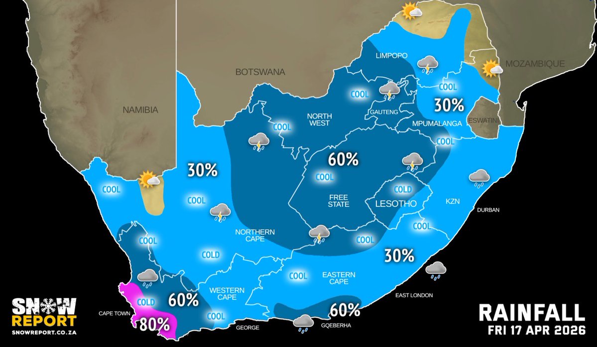 SnowReportSA's tweet image. FRIDAY WEATHER: Cold, wet, windy with possible snow in the south-west and a thunderstorm warning for three provinces. See snowreport.co.za for the full forecast #saws #weather #forecast #weatherwarnings