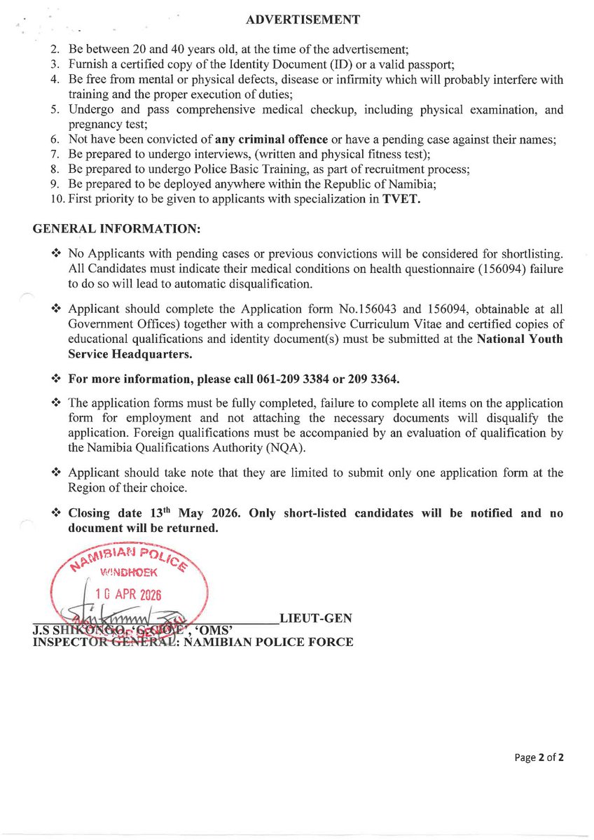 NYSNamibia's tweet photo. 📢 Call-Up Instruction 📢 

The National Youth Service (NYS) hereby invites current and former recruits/trainees to apply for possible recruitment into the Namibian Police Force. 

Closing date for applications: Thursday, 30 April 2026. 

🔗 https://t.co/XpCQ50JKUc https://t.co/qFrh8zLA7B