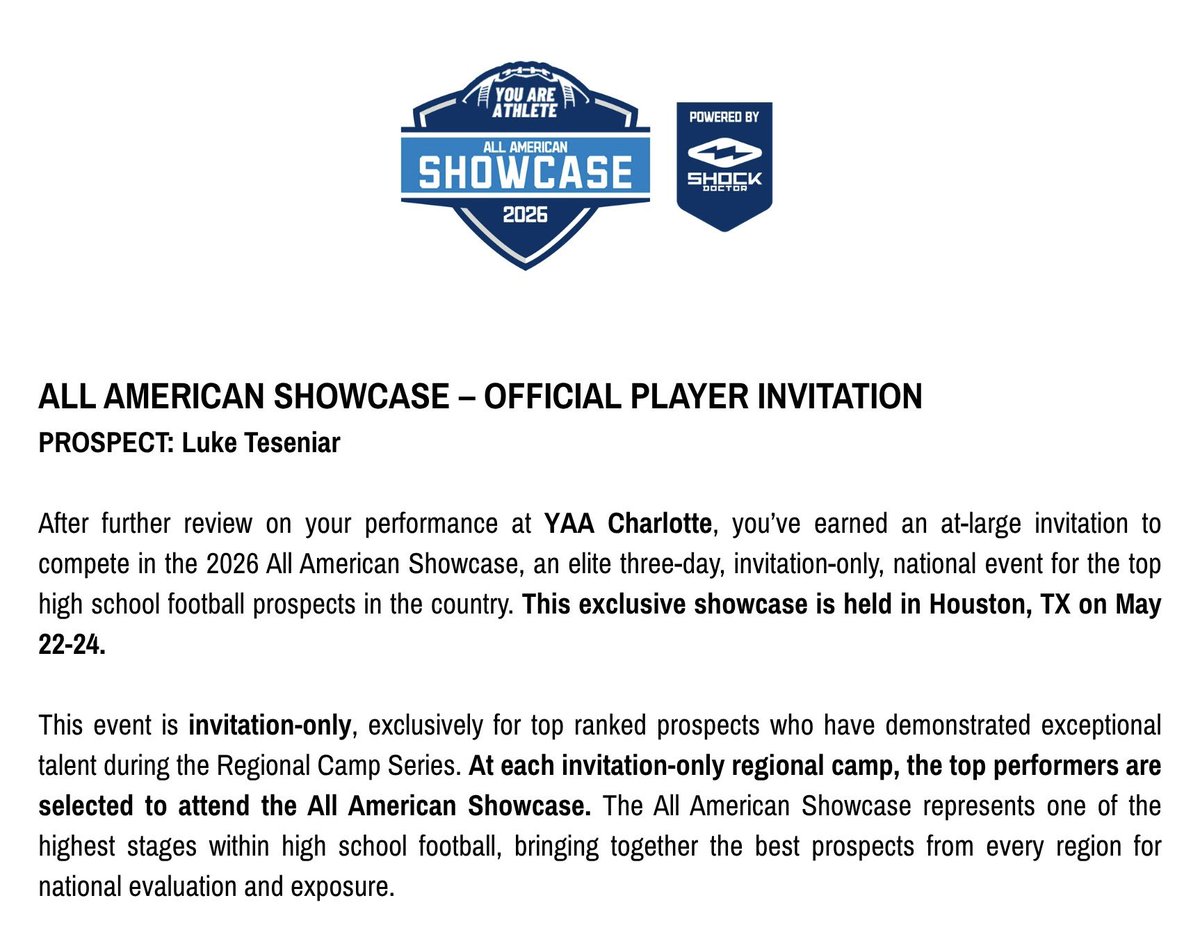 luketeseniar's tweet image. Honored to receive an invitation from @youareathlete to the 2026 All American Showcase in Houston Texas! #football #runningback #athlete #classof29 #youareathlete @nrcafootball
