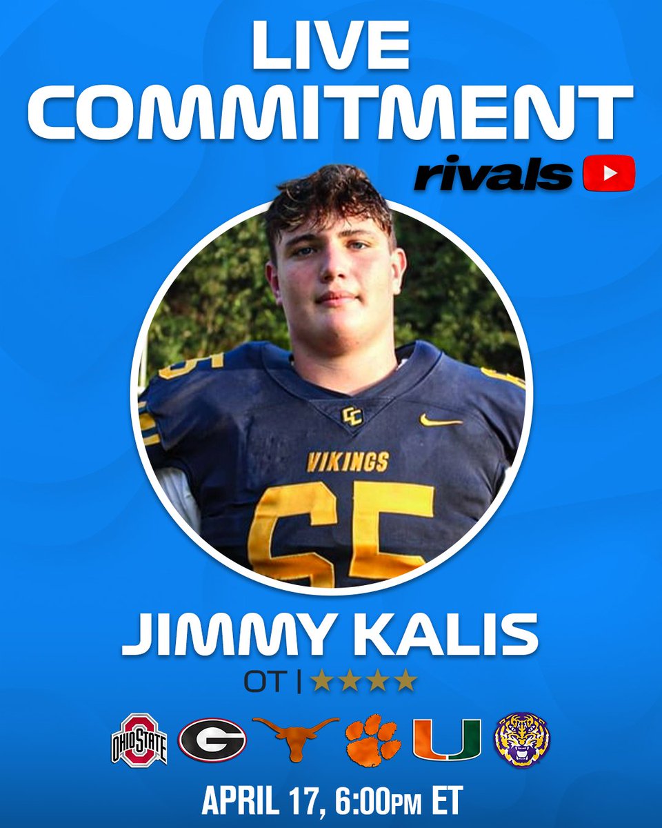 🚨 NEWS 🚨 4-star OT Jimmy Kalis will announce his commitment on the ...