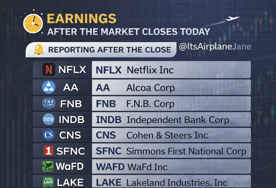 ItsAirplaneJane's tweet image. #earnings #afterhours today  $NFLX $AA $FNB $INDB $CNS $SFNC $WAFD $LAKE I dont like to hold overnight into earnings. so a heads up these are reporting tonight