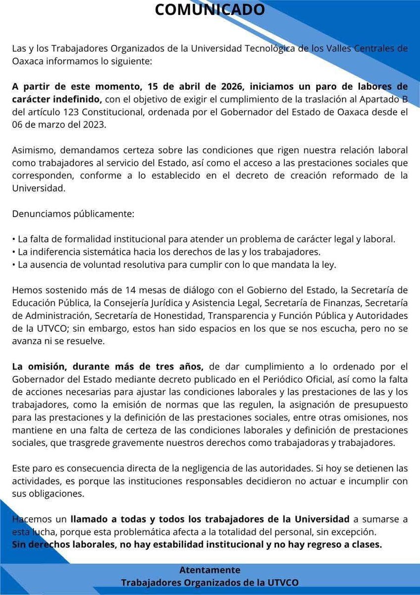 ContraProMx's tweet photo. 😱📚 Se va a paro la @utvco por demandas laborales 🫸🏽🛑
#Oaxaca. Mediante un comunicado los trabajadores de la Universidad Tecnológica de los Valles Centrales de Oaxaca (#UTVCO), dan a conocer el inicio de un paro de labores para exigir que se atienda el decreto del 2023, que les da certeza laboral.
Informan que derivado del decreto han sostenido mesas de trabajo con diferentes dependencias, pero ningún avance, y ante la incertidumbre optaron por la movilización, hasta ser atendidos con respuestas justas apegadas al #decreto.