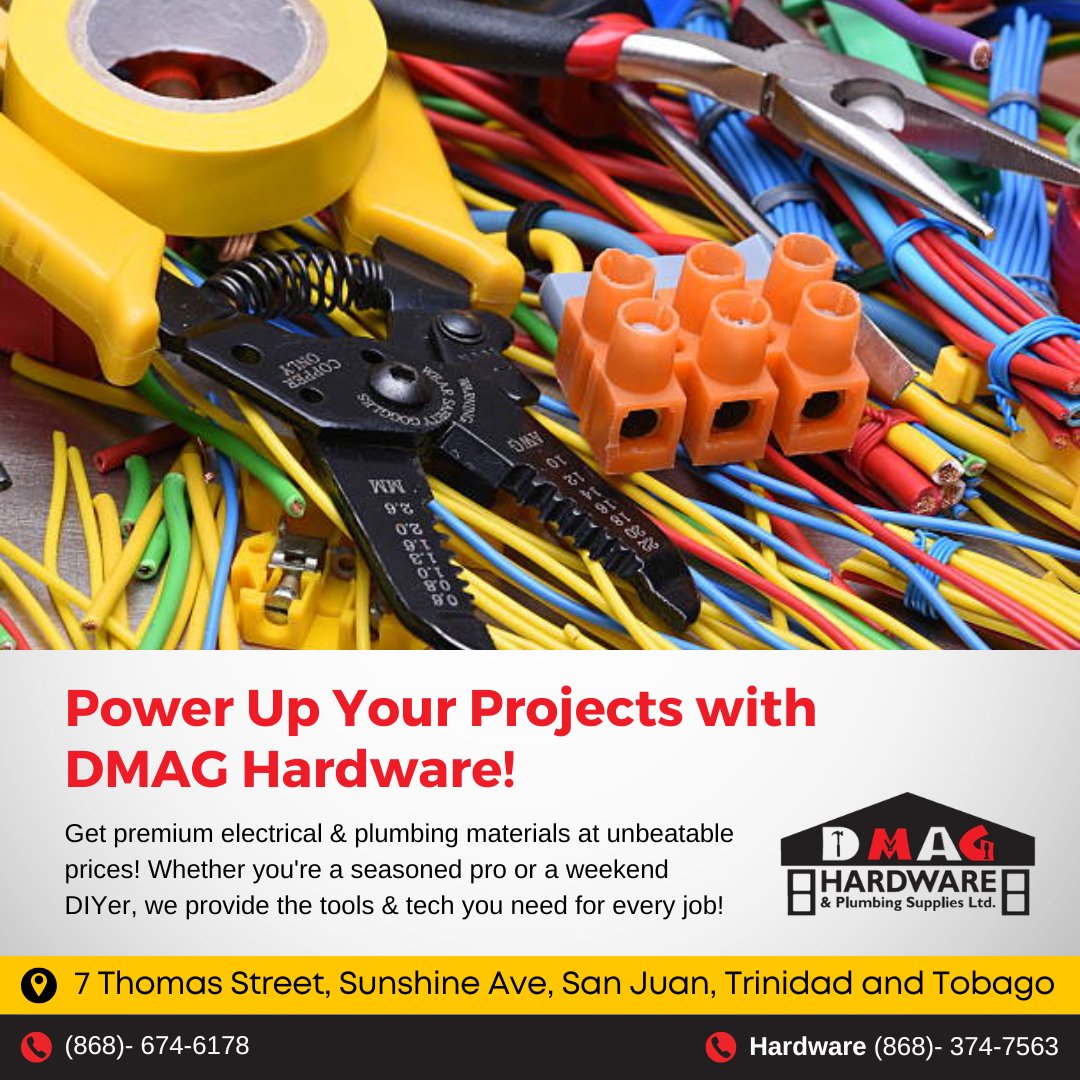 DmagLtd's tweet image. Tools, Tech &amp;amp; Toughness – DMAG Hardware Has It All!

From electrical &amp;amp; #plumbing essentials to top-tier tools, we’ve got everything you need—quality
.
Order now!
Contact us at 868-374-7563 via WhatsApp or by calling
📍 7 Thomas Street, Sunshine Ave, San Juan, Trinidad and Tobago