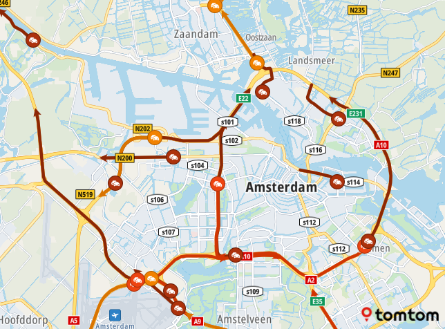 ANWBverkeer's tweet photo. Een ongeluk op de #A7 Zaanstad ► Hoorn en de werkzaamheden op de #N247 zorgen voor grote drukte rond Amsterdam. https://t.co/ai2pDBjljR