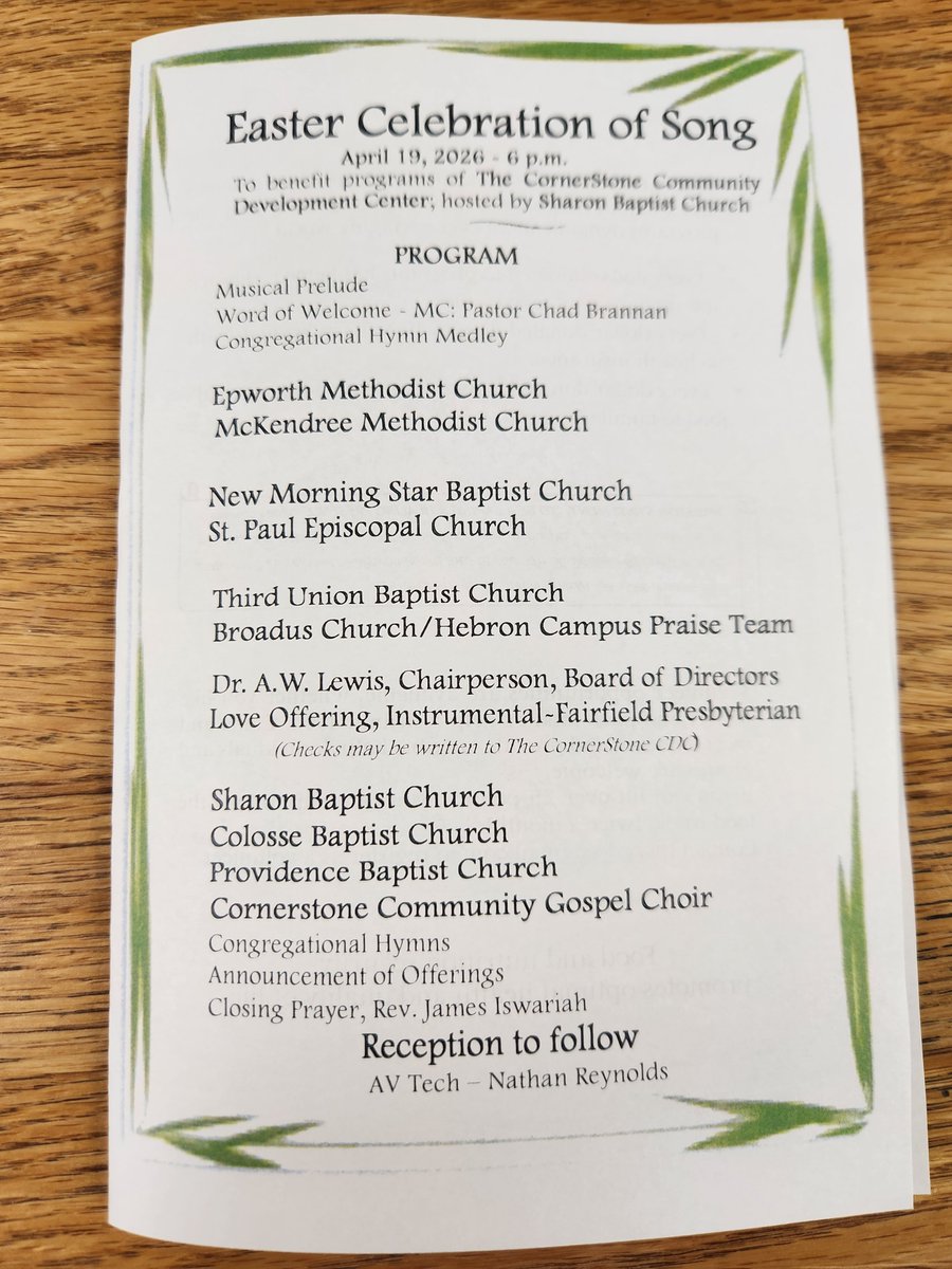 sharon_baptist's tweet image. Our bulletin for our Easter Celebration of Song, on #Sundayevening , at 6 pm, April 19, 2026. Please join us this Sunday evening for a musical program that will benefit the Cornerstone Community Development Center, hosted by #SharonBaptistChurch .
