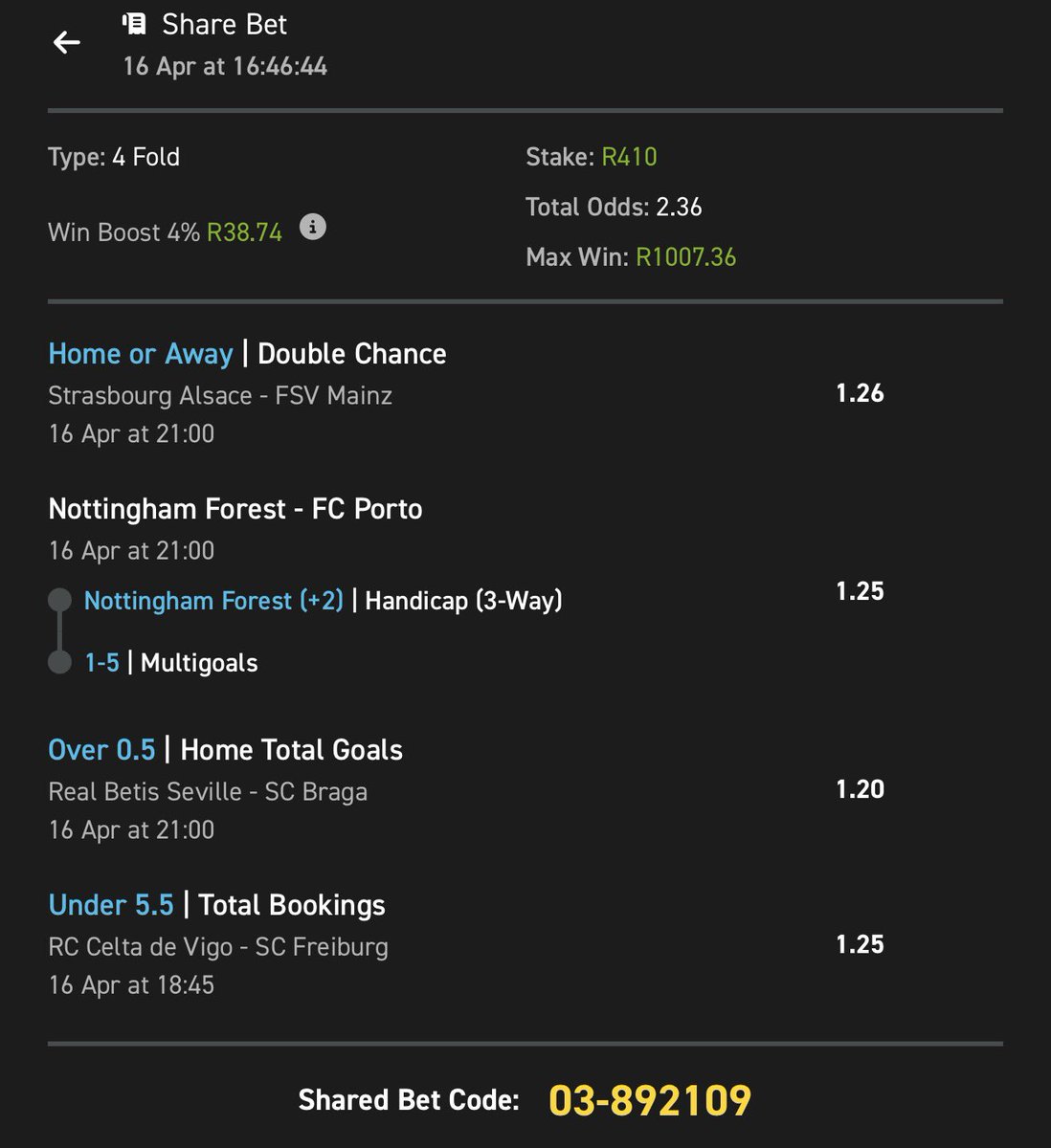 Europa League Diski, T2⚽️🏟️

Kick off🕐: 18:45

Booking Code🧾: 03-892109

Use My Promo Code🎯: RICKY50

👉🏾See bio for more details

🆘18+ Only | T&amp;Cs Apply