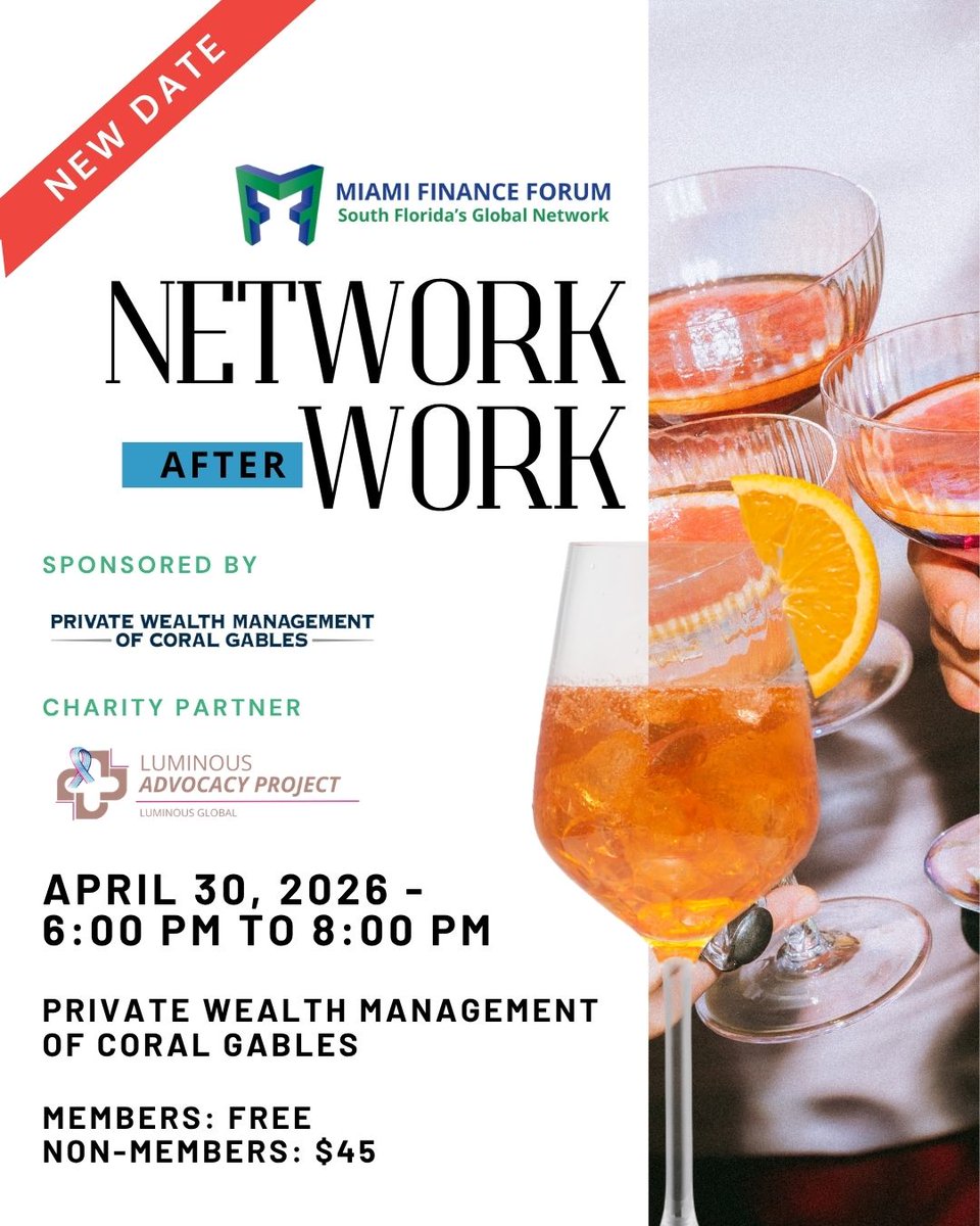 When: April 30, 2026
Time: 6:00 PM - 8:00 PM
Location: Private Wealth Management of Coral Gables - 141 Miracle Mile, Coral Gables, Florida 33134

Secure your place today to join a premier group of finance professionals.

RSVP: mff.wildapricot.org/event-6451020

#MiamiFinanceForum
