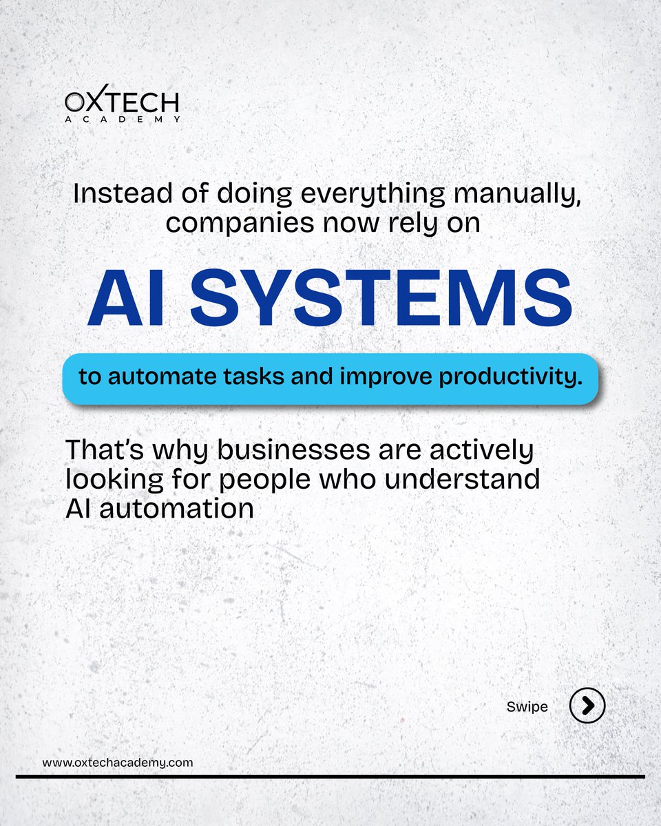 OxtechAcademy's tweet photo. Businesses are looking more in automation and they’re actively looking for people who understand how to use AI effectively. https://t.co/flShAl8oZi