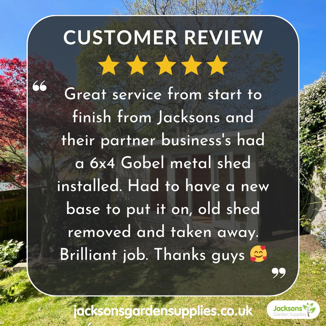 jgardensupplies's tweet image. ⭐ Feedback Friday!

“Great service from start to finish… Brilliant job 🥰”

New 5⭐ review for a Globel metal shed install 🙌
Base, removal &amp;amp; install — all taken care of.

#FeedbackFriday #5StarReview #JacksonsGardenSupplies