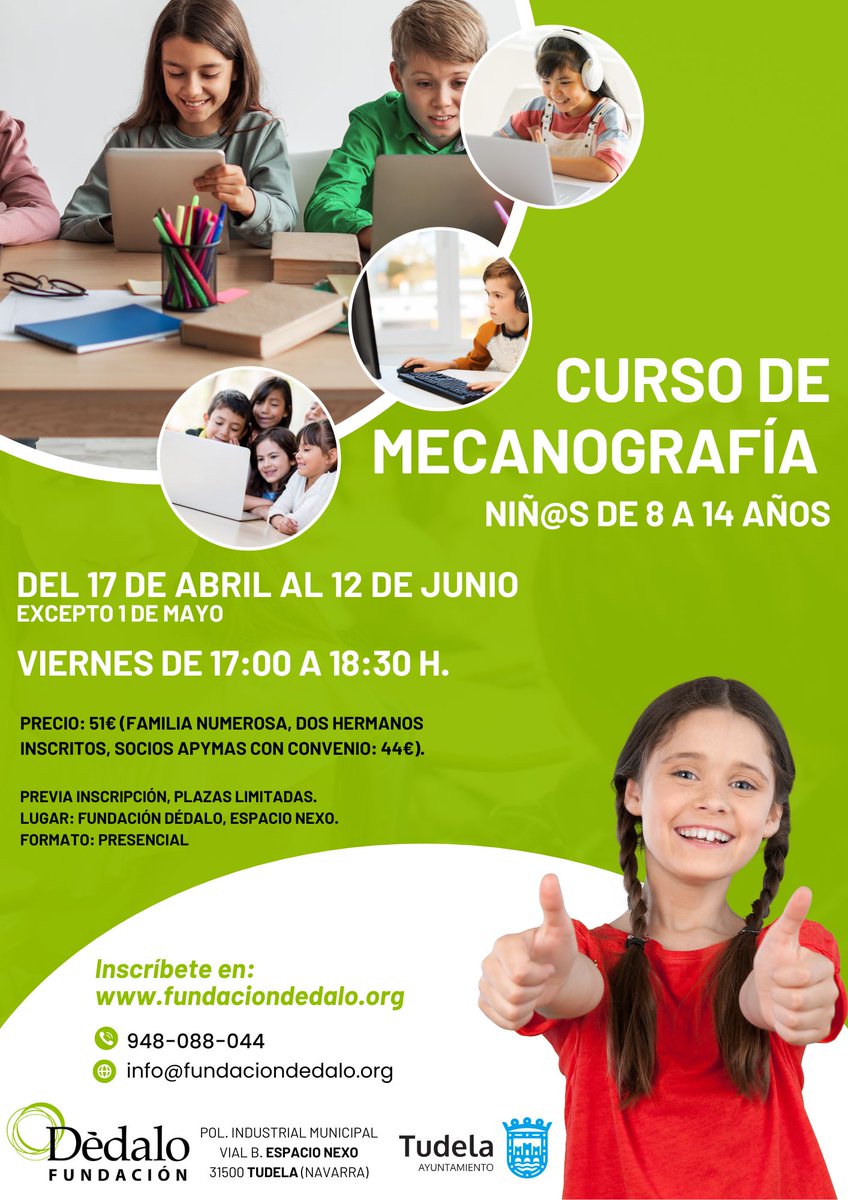 FundacionDedalo's tweet photo. 📣 ABRIL - 2026

📆 Curso: MECANOGRAFÍA PARA NIÑ@S DE 8 A 14 AÑOS
 
📆 Curso gratuito: CREA TUS DISEÑOS CON CANVA
 
📆 Taller gratuito: GESTIÓN DE CLIENTES: CRM Y MAILING – HORIZONTE DIGITAL

Puedes consultarlo todo en nuestra agenda web. https://t.co/leQhz44joQ https://t.co/yKPoX94cfB
