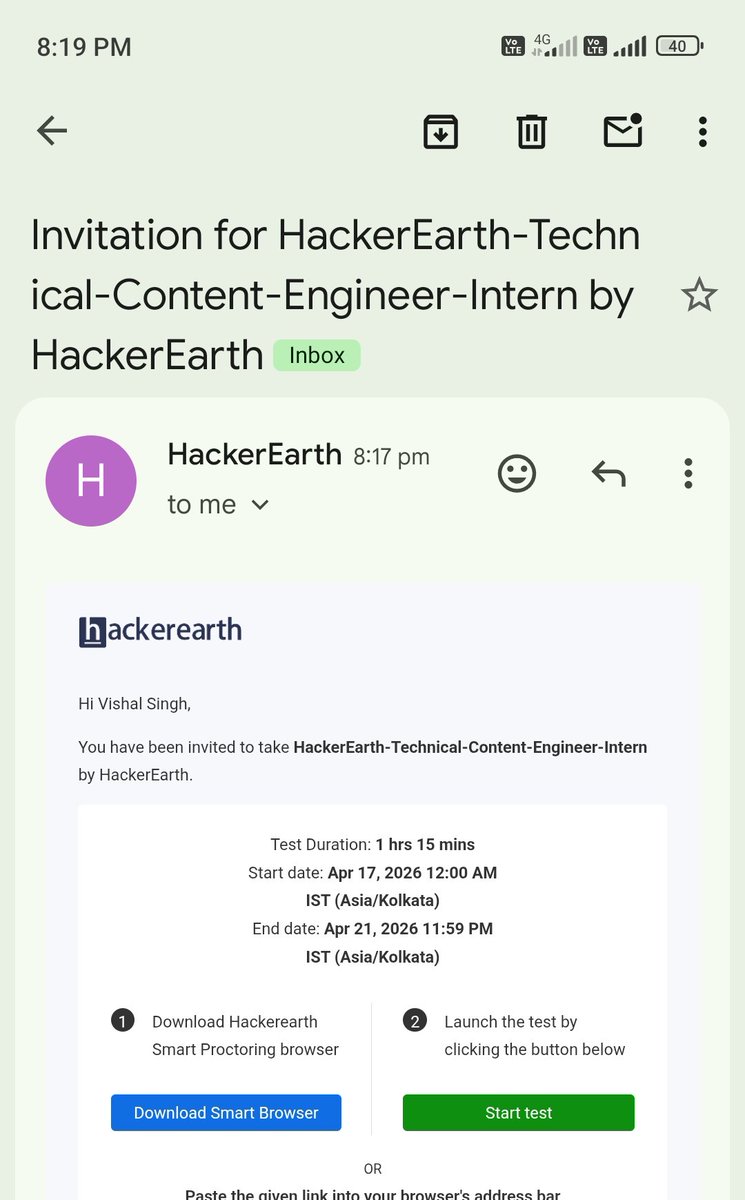 V900Vishal's tweet image. Another step forward 🚀

Got invited for the HackerEarth Technical Content Engineer Intern assessment.

From solving problems to explaining them clearly… this one’s going to test both sides.

Any one have anyidea ...?
#HackerEarth #Internship #DSA #Consistency #NextStep