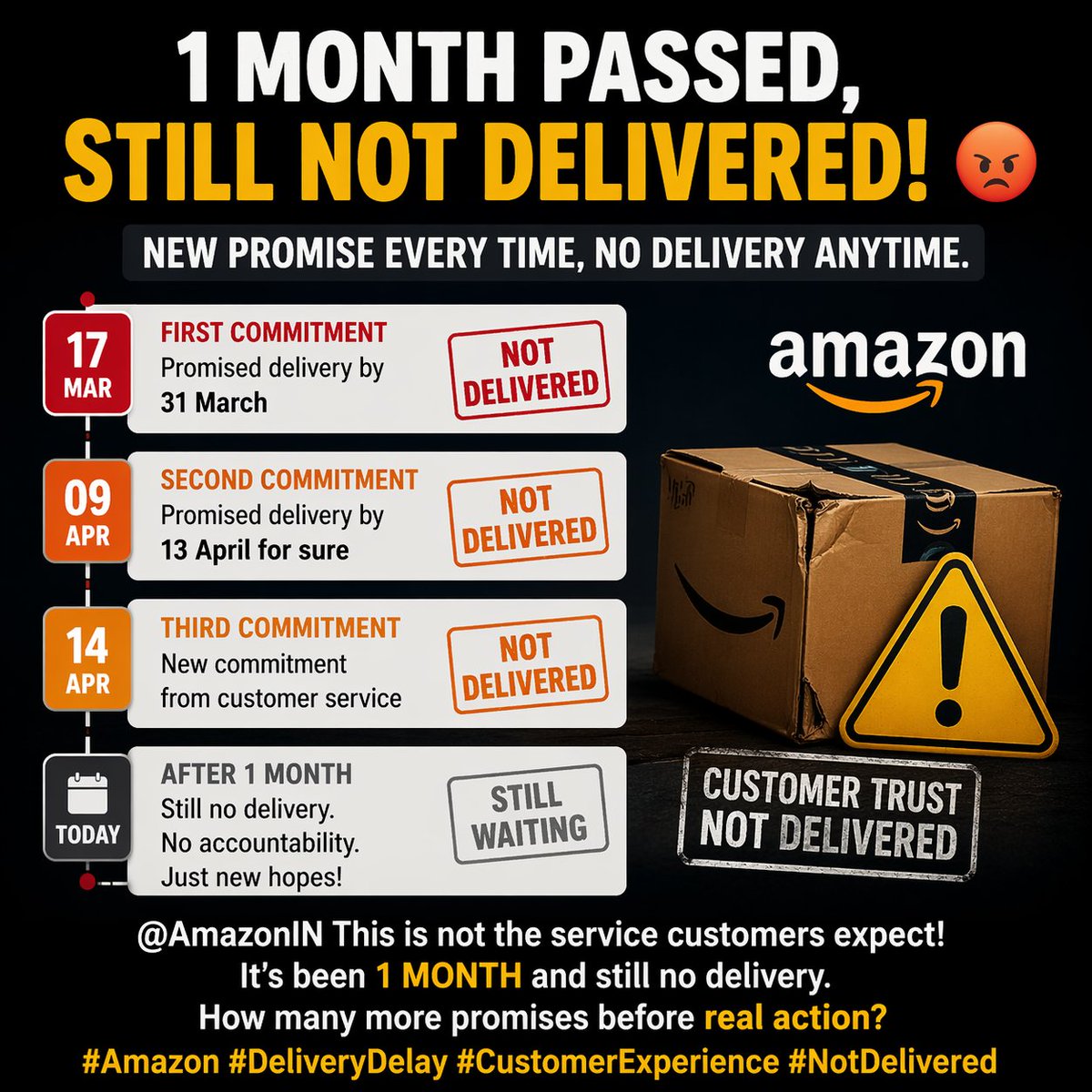 kumarnitishs's tweet photo. @AmazonIN How many false commitments before actual delivery?
Order delayed for over a month with repeated fake assurances.
Is this the service customers deserve?
#AmazonIndia #Delay #PoorService https://t.co/5Y02XSkVJ2